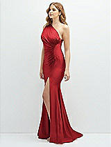 Side View Thumbnail - Poppy Red Asymmetrical Open-Back One-Shoulder Stretch Satin Mermaid Dress