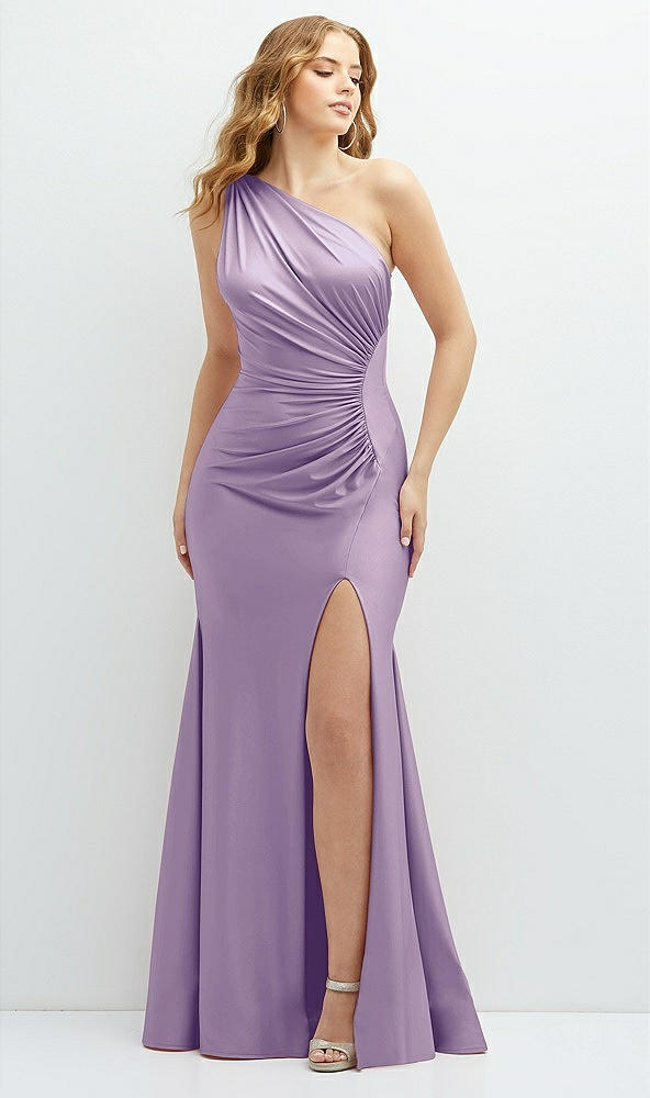 Front View - Pale Purple Asymmetrical Open-Back One-Shoulder Stretch Satin Mermaid Dress