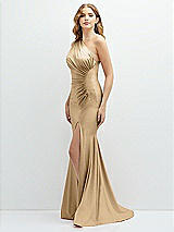 Alt View 1 Thumbnail - Soft Gold Asymmetrical Open-Back One-Shoulder Stretch Satin Mermaid Dress