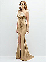 Side View Thumbnail - Soft Gold Asymmetrical Open-Back One-Shoulder Stretch Satin Mermaid Dress