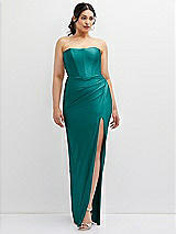 Front View Thumbnail - Peacock Teal Strapless Stretch Satin Corset Dress with Draped Column Skirt
