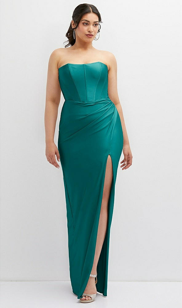 Front View - Peacock Teal Strapless Stretch Satin Corset Dress with Draped Column Skirt