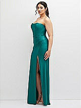 Side View Thumbnail - Peacock Teal Strapless Stretch Satin Corset Dress with Draped Column Skirt