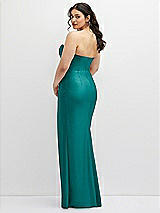 Rear View Thumbnail - Peacock Teal Strapless Stretch Satin Corset Dress with Draped Column Skirt