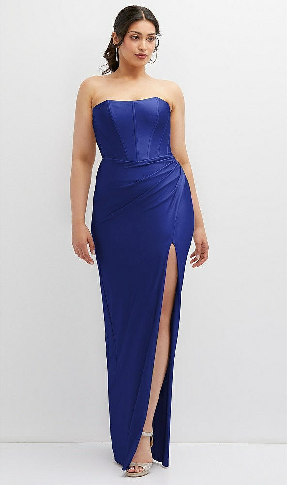 Front View - Cobalt Blue Strapless Stretch Satin Corset Dress with Draped Column Skirt