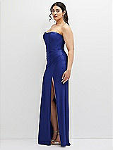 Side View Thumbnail - Cobalt Blue Strapless Stretch Satin Corset Dress with Draped Column Skirt