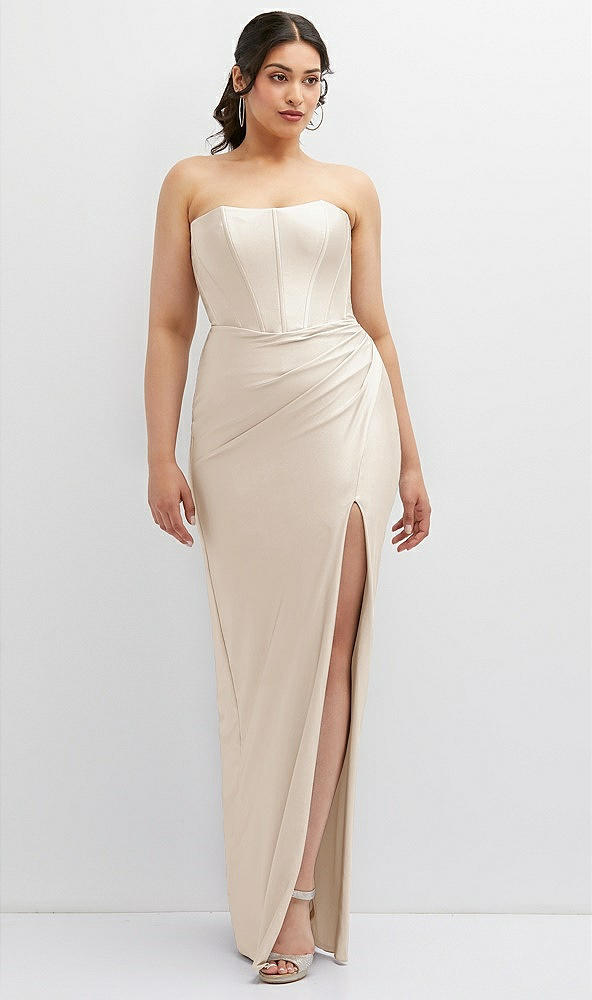Front View - Oat Strapless Stretch Satin Corset Dress with Draped Column Skirt