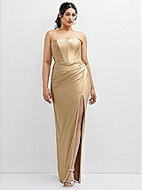 Front View Thumbnail - Soft Gold Strapless Stretch Satin Corset Dress with Draped Column Skirt