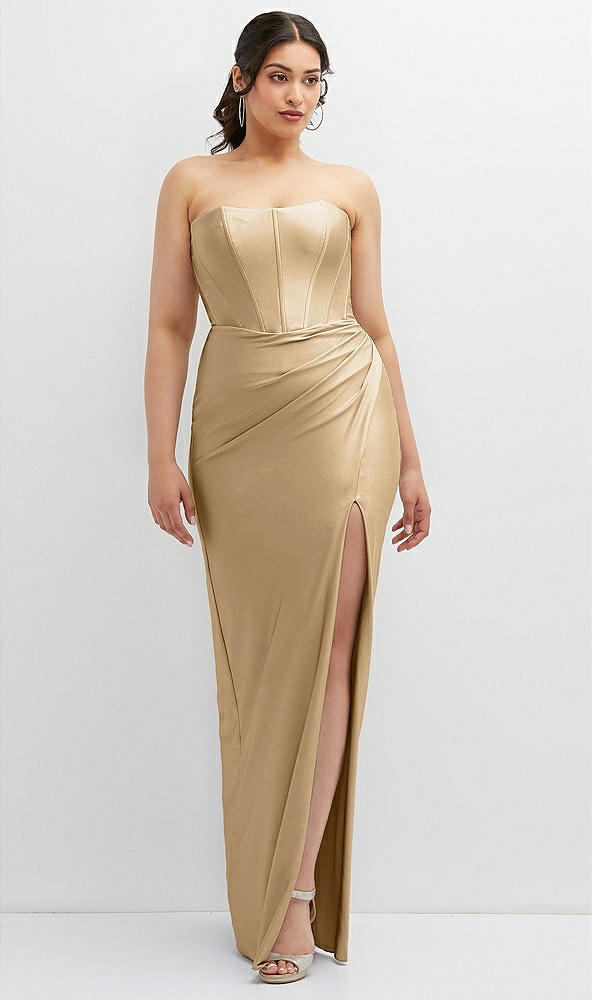Front View - Soft Gold Strapless Stretch Satin Corset Dress with Draped Column Skirt