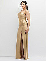 Side View Thumbnail - Soft Gold Strapless Stretch Satin Corset Dress with Draped Column Skirt