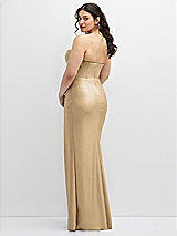 Rear View Thumbnail - Soft Gold Strapless Stretch Satin Corset Dress with Draped Column Skirt