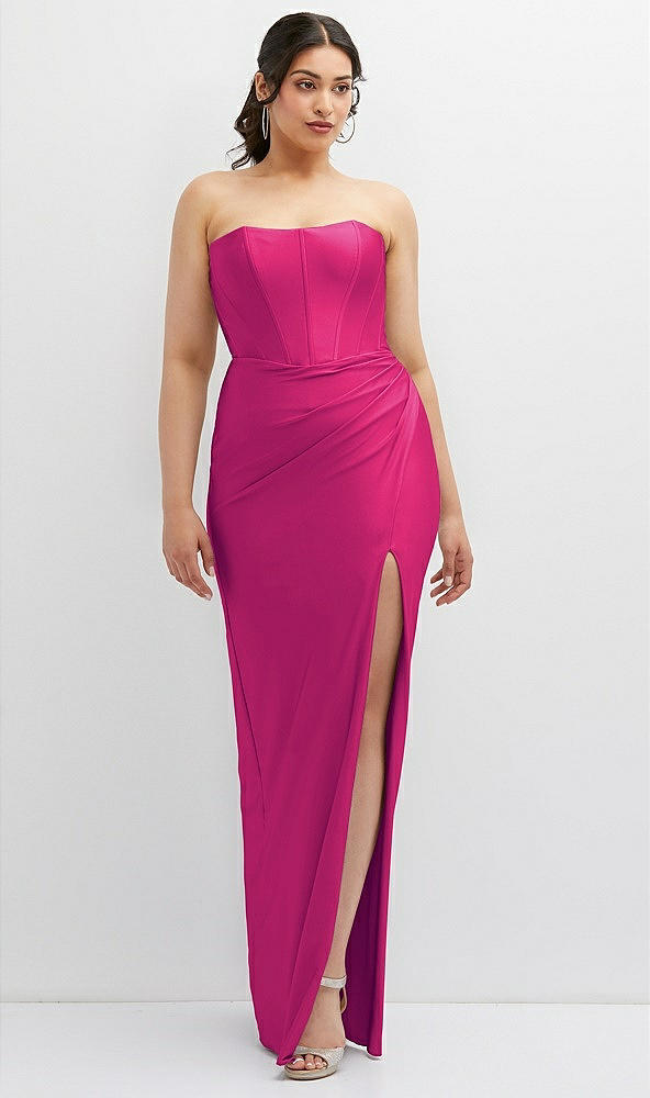 Front View - Think Pink Strapless Stretch Satin Corset Dress with Draped Column Skirt