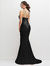 Rear View Thumbnail - Black Halter Asymmetrical Draped Stretch Satin Mermaid Dress with Rhinestone Straps