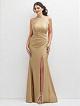 Front View Thumbnail - Soft Gold Halter Asymmetrical Draped Stretch Satin Mermaid Dress with Rhinestone Straps