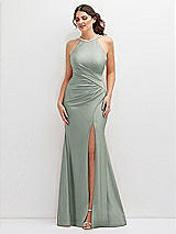 Front View Thumbnail - Willow Green Halter Asymmetrical Draped Stretch Satin Mermaid Dress with Rhinestone Straps