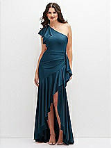 Front View Thumbnail - Atlantic Blue One-Shoulder Stretch Satin Mermaid Dress with Cascade Ruffle Flamenco Skirt