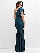 Rear View Thumbnail - Atlantic Blue One-Shoulder Stretch Satin Mermaid Dress with Cascade Ruffle Flamenco Skirt