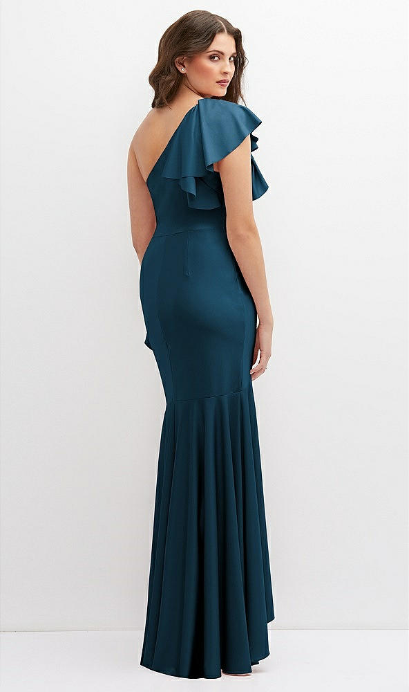 Back View - Atlantic Blue One-Shoulder Stretch Satin Mermaid Dress with Cascade Ruffle Flamenco Skirt