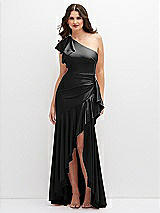 Front View Thumbnail - Black One-Shoulder Stretch Satin Mermaid Dress with Cascade Ruffle Flamenco Skirt