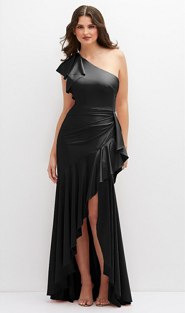Front View - Black One-Shoulder Stretch Satin Mermaid Dress with Cascade Ruffle Flamenco Skirt