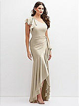 Side View Thumbnail - Champagne One-Shoulder Stretch Satin Mermaid Dress with Cascade Ruffle Flamenco Skirt