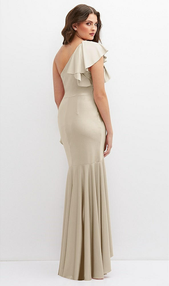 Back View - Champagne One-Shoulder Stretch Satin Mermaid Dress with Cascade Ruffle Flamenco Skirt