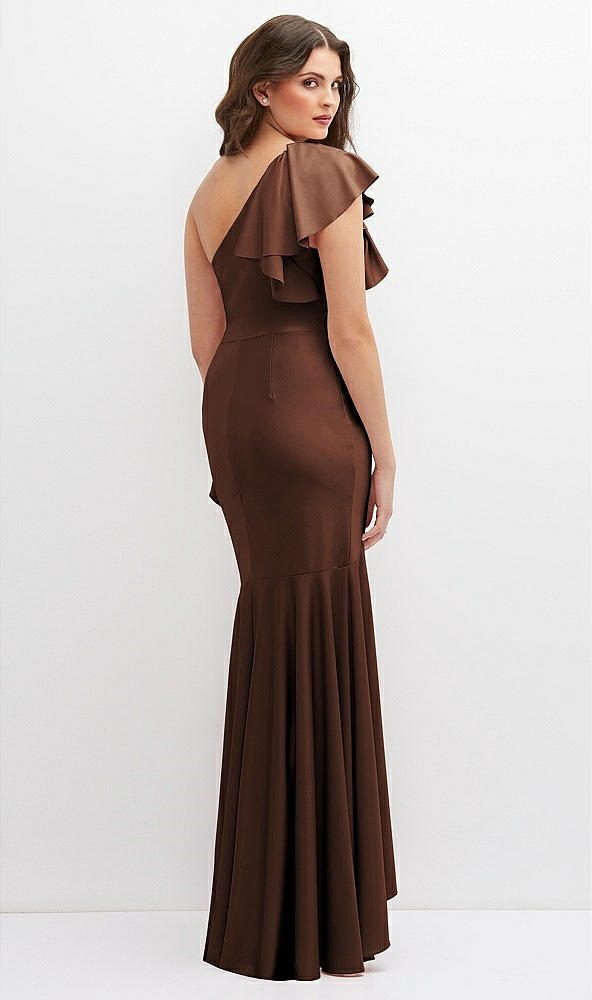 Back View - Cognac One-Shoulder Stretch Satin Mermaid Dress with Cascade Ruffle Flamenco Skirt