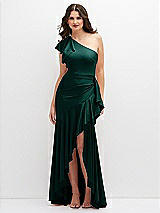 Front View Thumbnail - Evergreen One-Shoulder Stretch Satin Mermaid Dress with Cascade Ruffle Flamenco Skirt