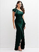 Side View Thumbnail - Evergreen One-Shoulder Stretch Satin Mermaid Dress with Cascade Ruffle Flamenco Skirt