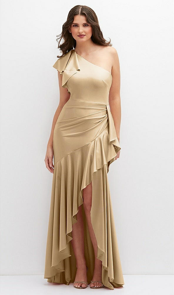 Front View - Soft Gold One-Shoulder Stretch Satin Mermaid Dress with Cascade Ruffle Flamenco Skirt