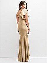Rear View Thumbnail - Soft Gold One-Shoulder Stretch Satin Mermaid Dress with Cascade Ruffle Flamenco Skirt