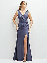 Front View Thumbnail - French Blue Draped Wrap Stretch Satin Mermaid Dress with Horsehair Hem