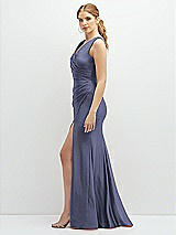 Side View Thumbnail - French Blue Draped Wrap Stretch Satin Mermaid Dress with Horsehair Hem