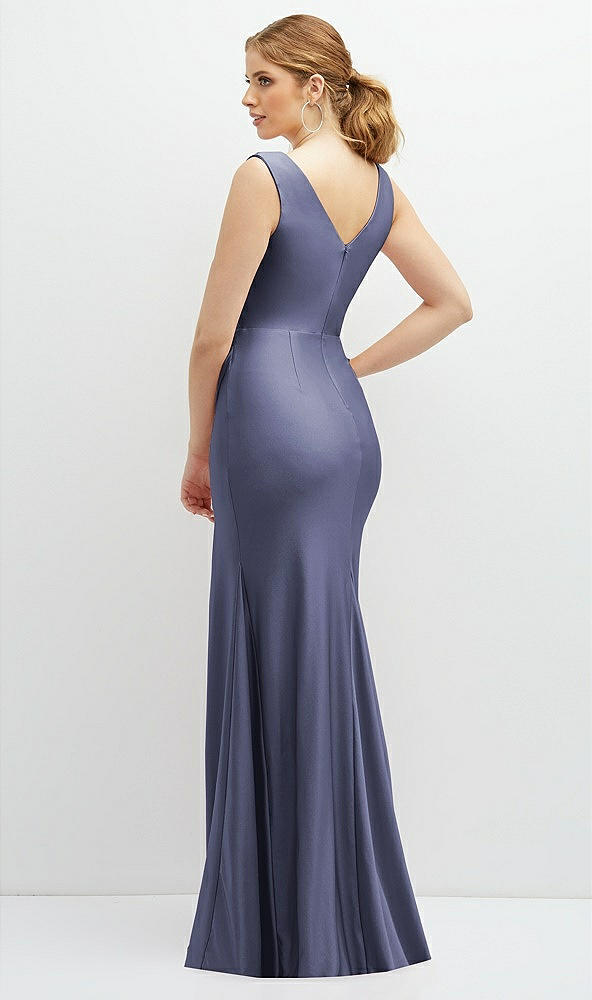 Back View - French Blue Draped Wrap Stretch Satin Mermaid Dress with Horsehair Hem