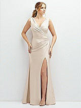 Front View Thumbnail - Oat Draped Wrap Stretch Satin Mermaid Dress with Horsehair Hem