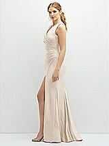Side View Thumbnail - Oat Draped Wrap Stretch Satin Mermaid Dress with Horsehair Hem