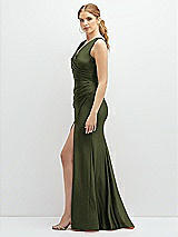 Side View Thumbnail - Olive Green Draped Wrap Stretch Satin Mermaid Dress with Horsehair Hem