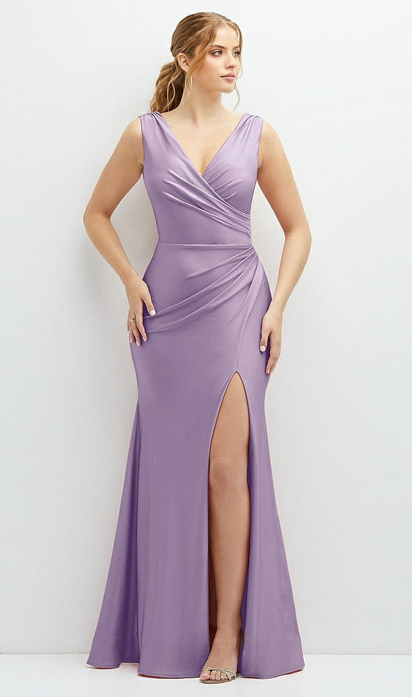 Front View - Pale Purple Draped Wrap Stretch Satin Mermaid Dress with Horsehair Hem
