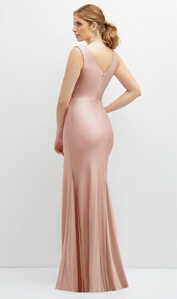 Back View - Toasted Sugar Draped Wrap Stretch Satin Mermaid Dress with Horsehair Hem