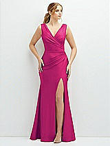 Front View Thumbnail - Think Pink Draped Wrap Stretch Satin Mermaid Dress with Horsehair Hem