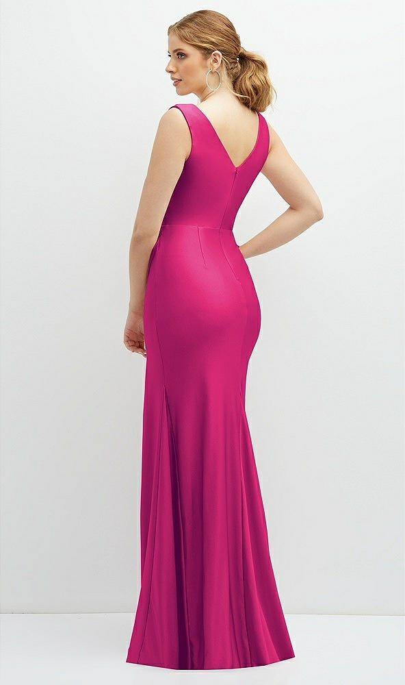 Back View - Think Pink Draped Wrap Stretch Satin Mermaid Dress with Horsehair Hem