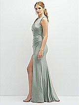 Side View Thumbnail - Willow Green Draped Wrap Stretch Satin Mermaid Dress with Horsehair Hem