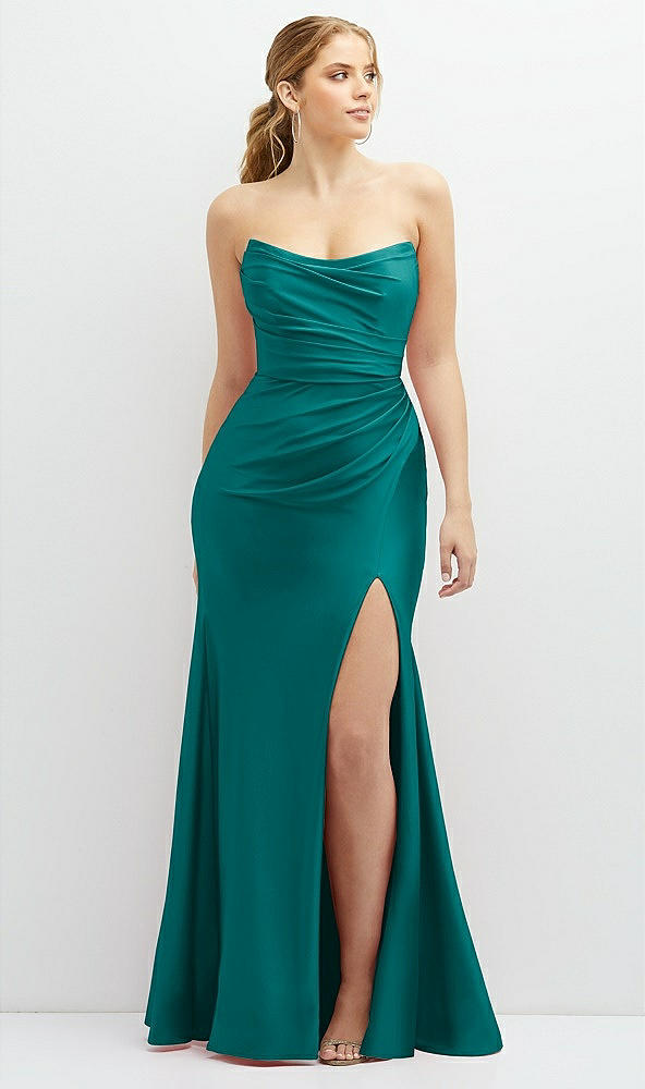 Front View - Peacock Teal Strapless Basque-Neck Draped Stretch Satin Mermaid Dress with Horsehair Hem