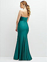 Rear View Thumbnail - Peacock Teal Strapless Basque-Neck Draped Stretch Satin Mermaid Dress with Horsehair Hem