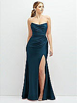 Front View Thumbnail - Atlantic Blue Strapless Basque-Neck Draped Stretch Satin Mermaid Dress with Horsehair Hem
