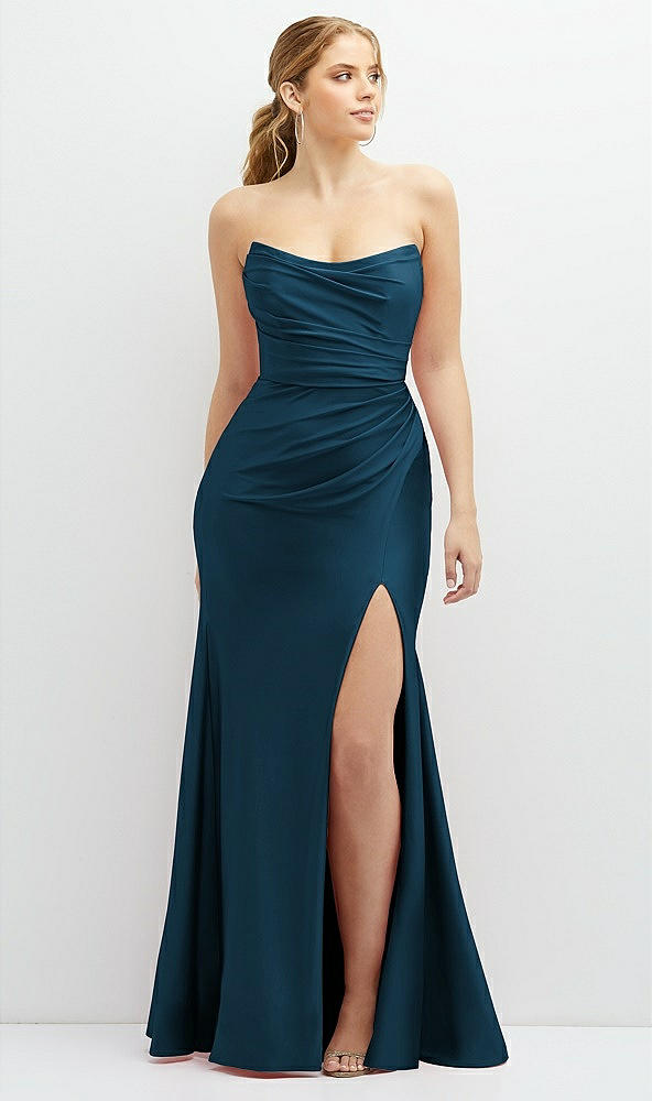 Front View - Atlantic Blue Strapless Basque-Neck Draped Stretch Satin Mermaid Dress with Horsehair Hem