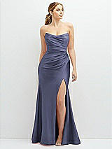 Front View Thumbnail - French Blue Strapless Basque-Neck Draped Stretch Satin Mermaid Dress with Horsehair Hem