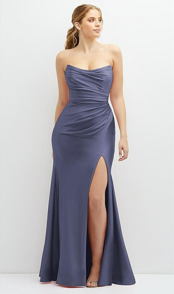 Front View - French Blue Strapless Basque-Neck Draped Stretch Satin Mermaid Dress with Horsehair Hem