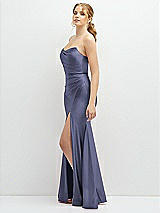 Side View Thumbnail - French Blue Strapless Basque-Neck Draped Stretch Satin Mermaid Dress with Horsehair Hem