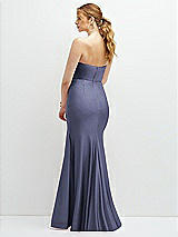 Rear View Thumbnail - French Blue Strapless Basque-Neck Draped Stretch Satin Mermaid Dress with Horsehair Hem
